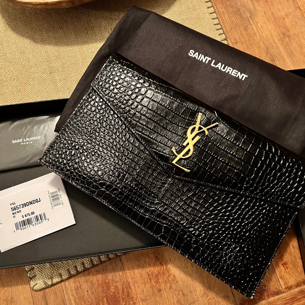 Authentic YSL Uptown Croc Embossed Leather Pouch